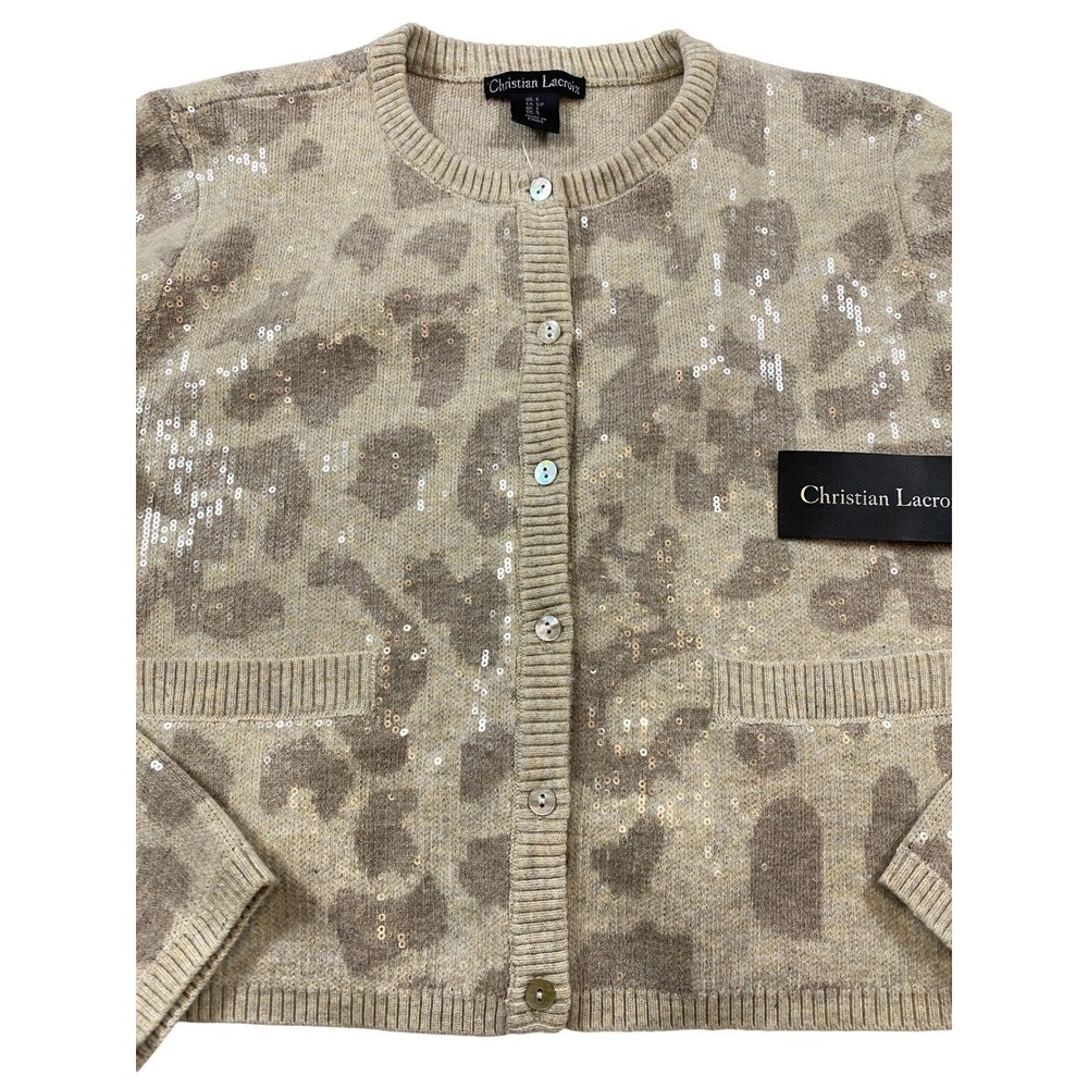Christian Lacroix Womens Leopard Print Sequin Cardigan Beige Small NWT